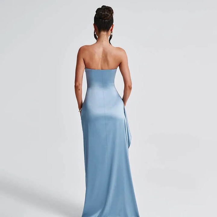 Strapless Satin Maxi Dress with Ruching and Slit - Amalia