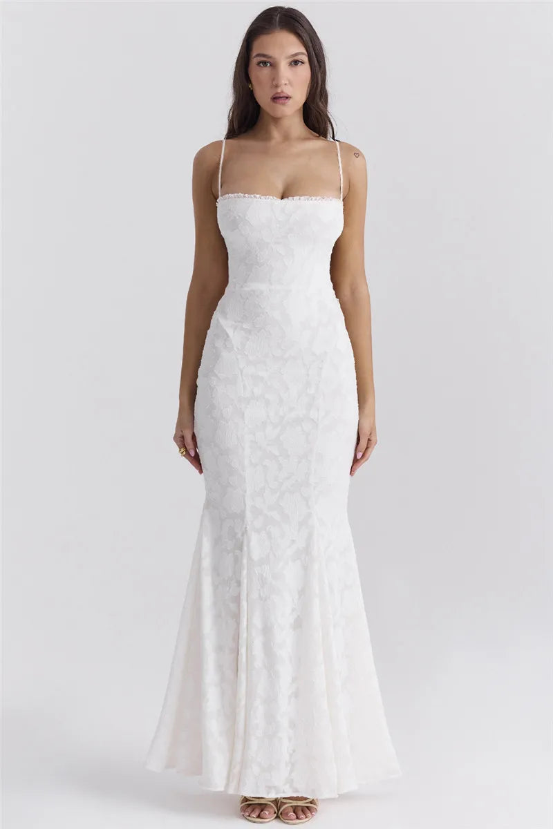 Chiffon Maxi Dress with Leaf Embroidery and Back Tie Design - BLANCA
