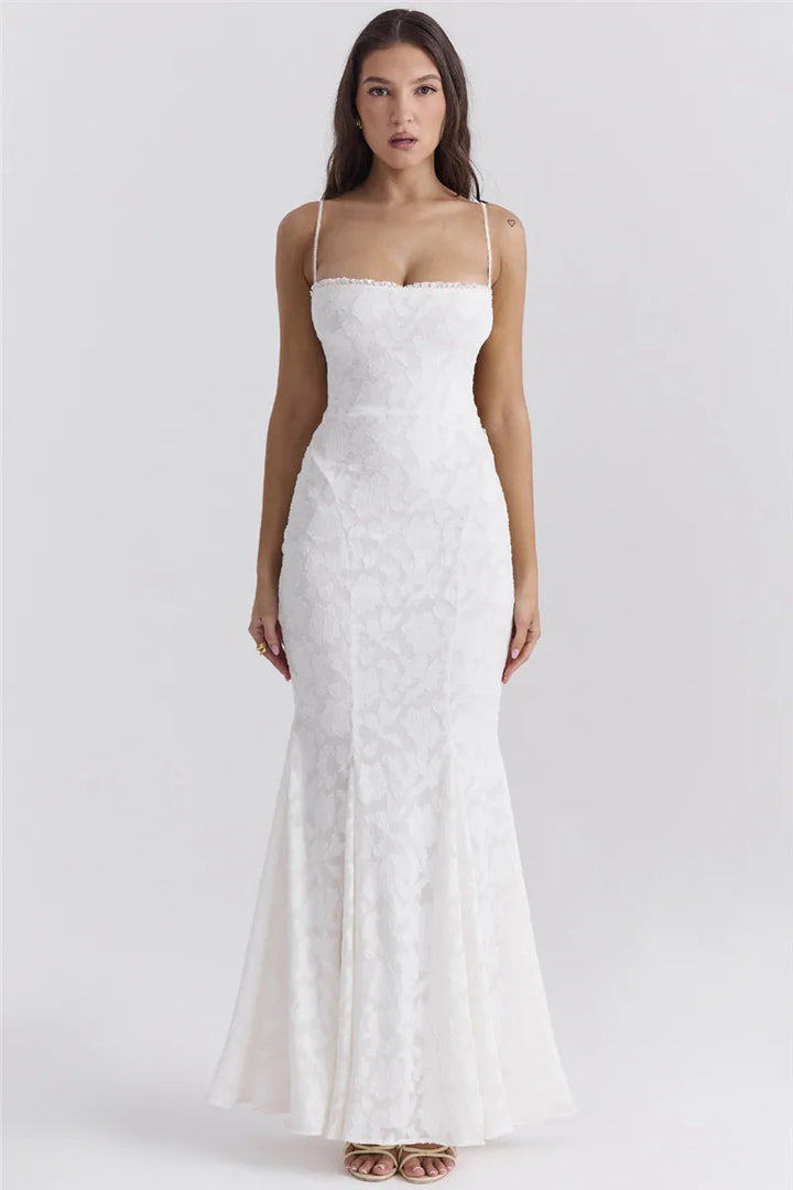 Chiffon Maxi Dress with Leaf Embroidery and Back Tie Design - BLANCA