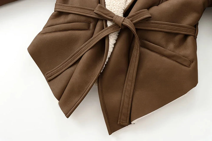 Leather coat with inner fur and belt tie design - Moran