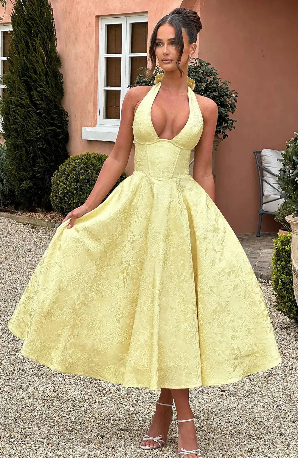 Midi A-Line Dress with Neck Tie, Open Back, Floral Embroidery Detail - Flora