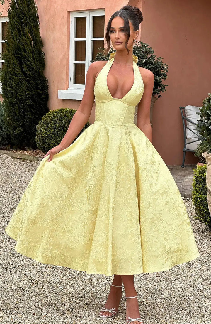 Midi A-Line Dress with Neck Tie, Open Back, Floral Embroidery Detail - Flora