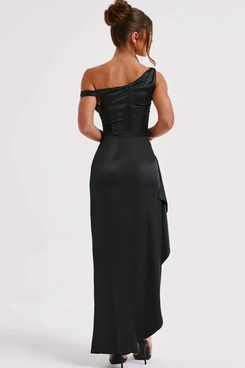 Satin Maxi Dress with Slit and One Shoulder Design - Emiliana