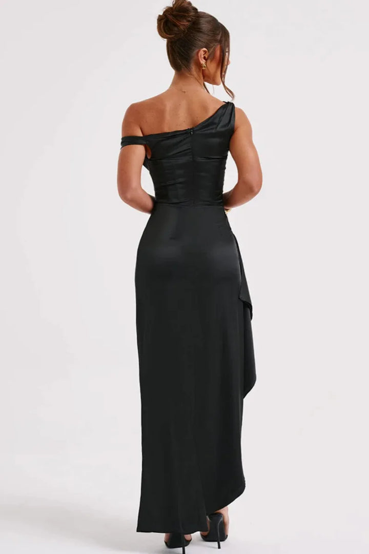 Satin Maxi Dress with Slit and One Shoulder Design - Emiliana