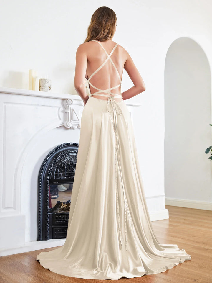 Elegant Maxi Satin Dress with Slit, A-Line Design, Back Tie - Prince