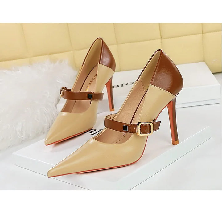 Faux Leather Pointed Heel Shoes with Buckle Decoration - Margaret