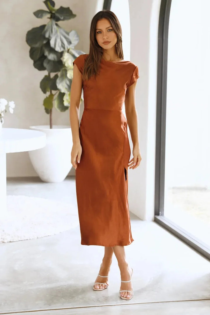 Midi satin dress with slit and open back design - Shray