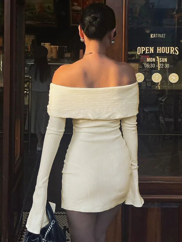 Knitted mini dress with off-shoulder and bow ribbon decoration - Yanga