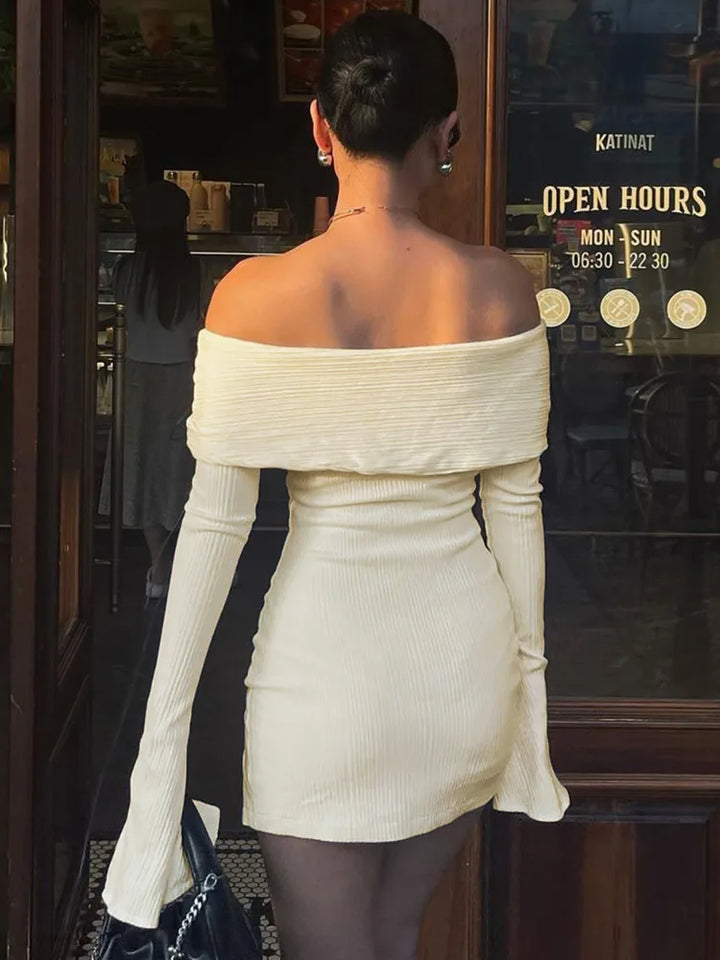 Knitted mini dress with off-shoulder and bow ribbon decoration - Yanga