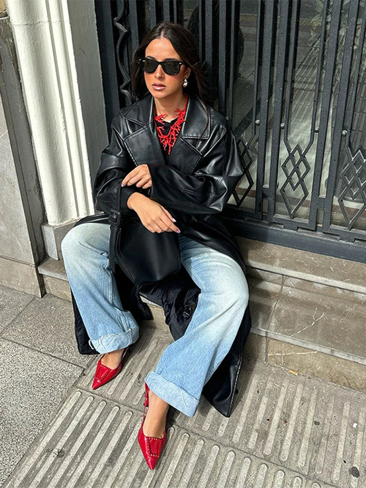 Long Leather Coat with Tie Belt - Sol