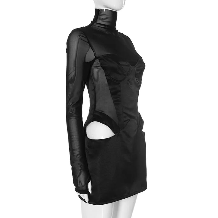 Turtleneck Satin Mini Dress with Mesh Corset and Cutouts - DIANA