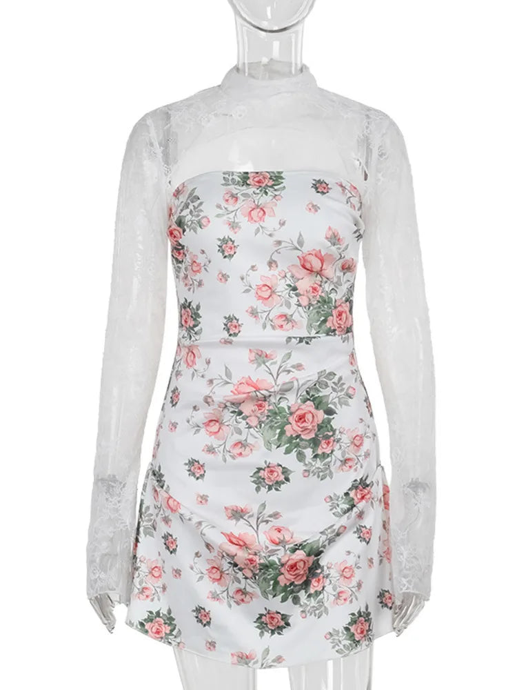 Floral mini dress with lace decoration - Sigal