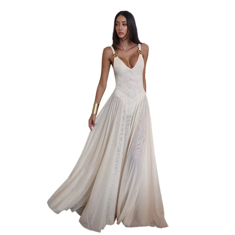 Chiffon Maxi Dress with Buckle Details on Straps - Maria