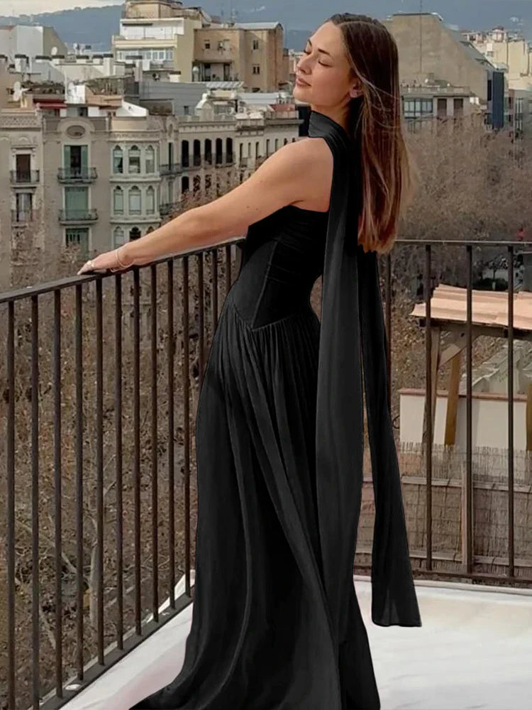 Strapless chiffon maxi dress with ruching and matching scarf decoration - Mia