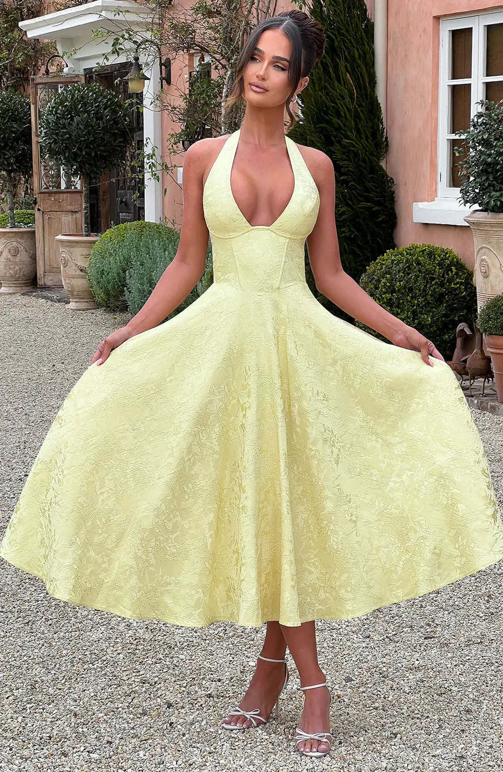 Midi A-Line Dress with Neck Tie, Open Back, Floral Embroidery Detail - Flora