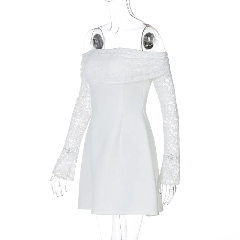 Satin mini dress with off-shoulder and lace sleeves - AMALIA