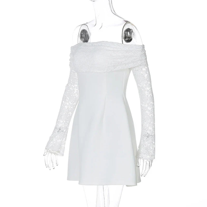 Satin mini dress with off-shoulder and lace sleeves - AMALIA