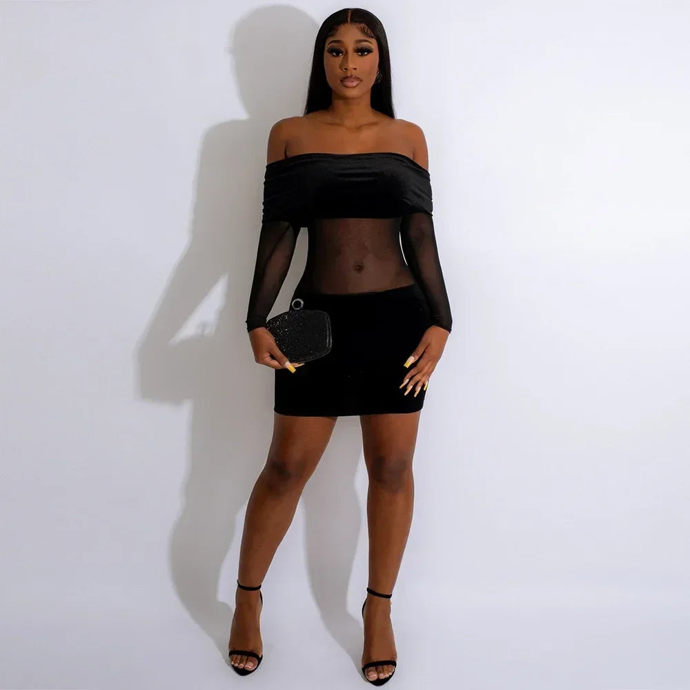 Velvet off-shoulder mini dress with mesh design - Shariel