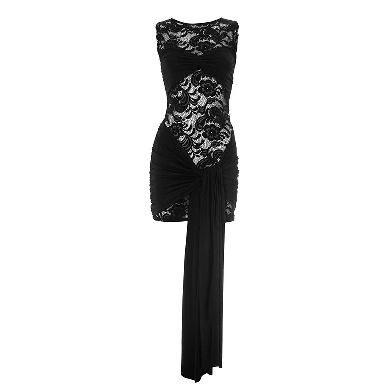 Lace mini dress decorated with trailing tie - Karin