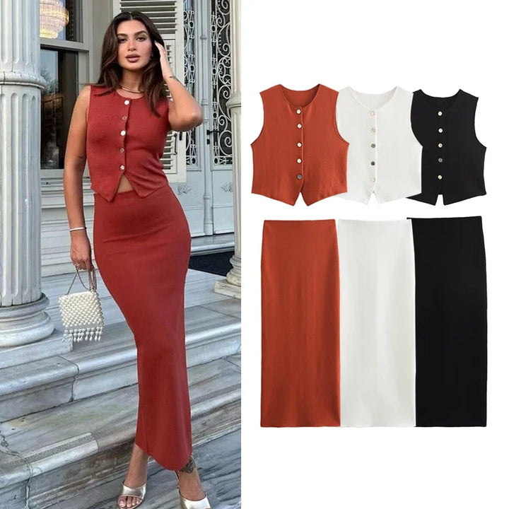 Two-Piece Knit Set with Buttoned Vest and Maxi Skirt - Polina