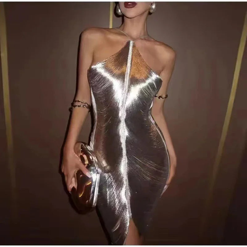 Mini Dress with Shiny Threads and Open Back - Georgia
