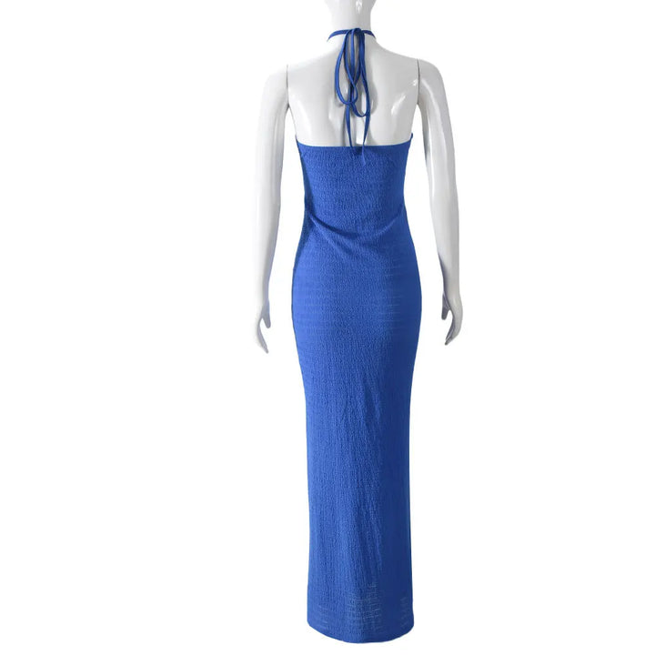 Knitted Maxi Dress with Collar, Ruching Fabric, Open Back - Miley