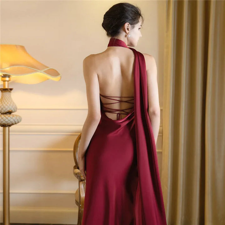 Asymmetric satin maxi dress with neck wrap design - Angela