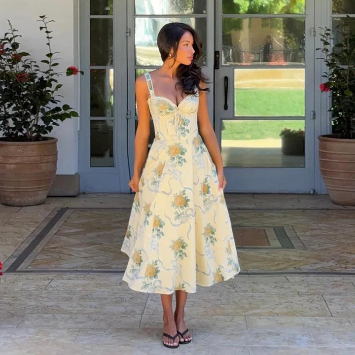 Elegant floral print midi A-line dress - Florine