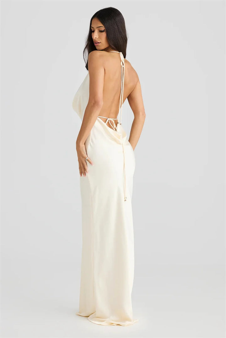 Satin Maxi Dress with Open Back and Draped Collar - Paula