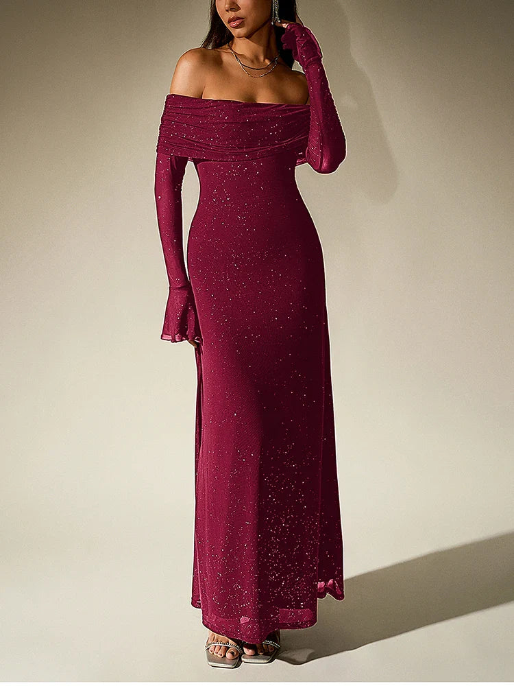 Sequin maxi dress with off-shoulder design and bell sleeves - Margarita