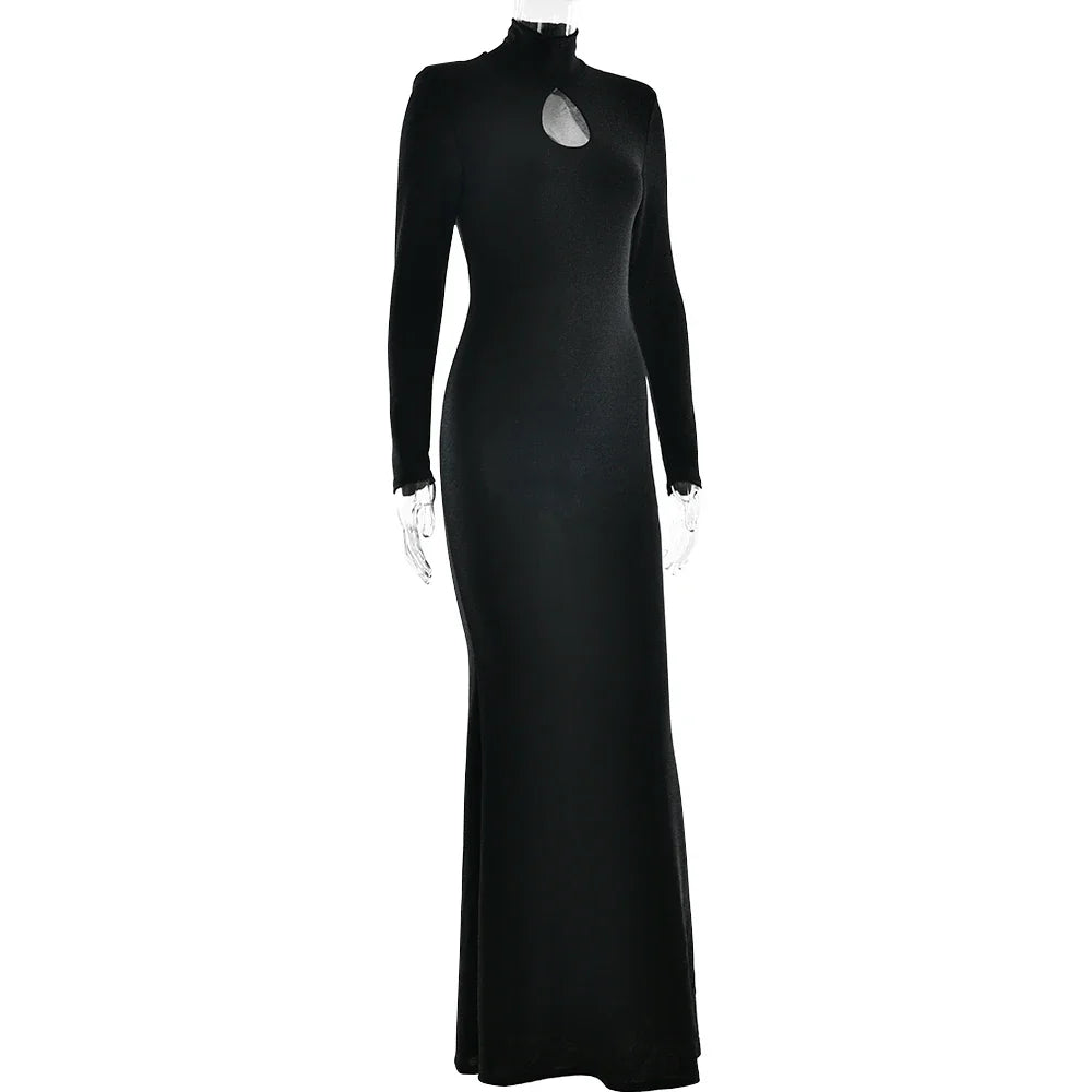 Glitter Maxi Dress with Turtleneck Collar and Cutout Embellishment - Elliana