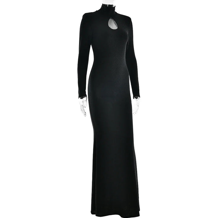 Glitter Maxi Dress with Turtleneck Collar and Cutout Embellishment - Elliana