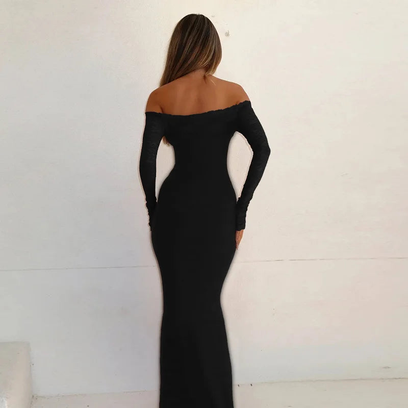 Maxi Dress with Lace Sleeve Detail and Off-Shoulder Design - Barbara