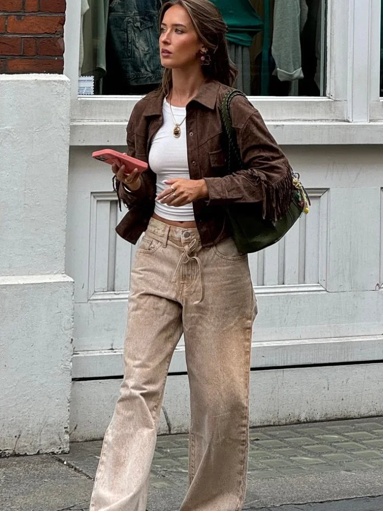 Suede Jacket with Fringe Design - Brown
