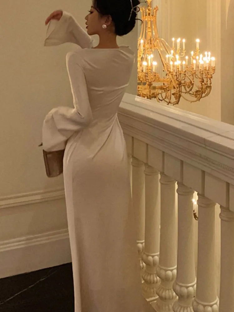 Elegant maxi satin evening dress with bell sleeves - Sahar