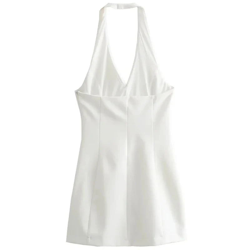 Fitted mini dress with V collar neckline - Vanilla