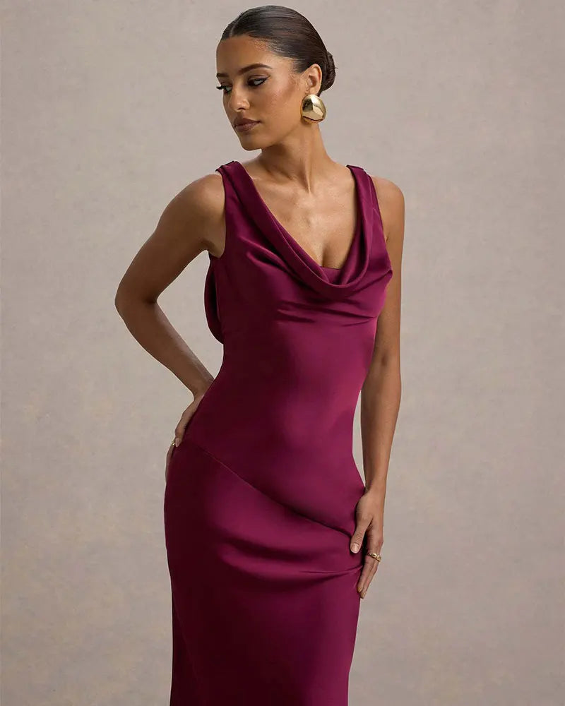 Maxi satin dress with draped collar and open back - Alexis