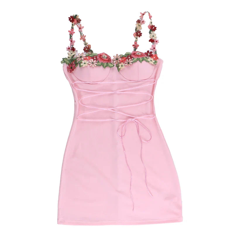 Mini Dress with Embroidery and Flower Straps with Satin Tie String Decoration - Lilia