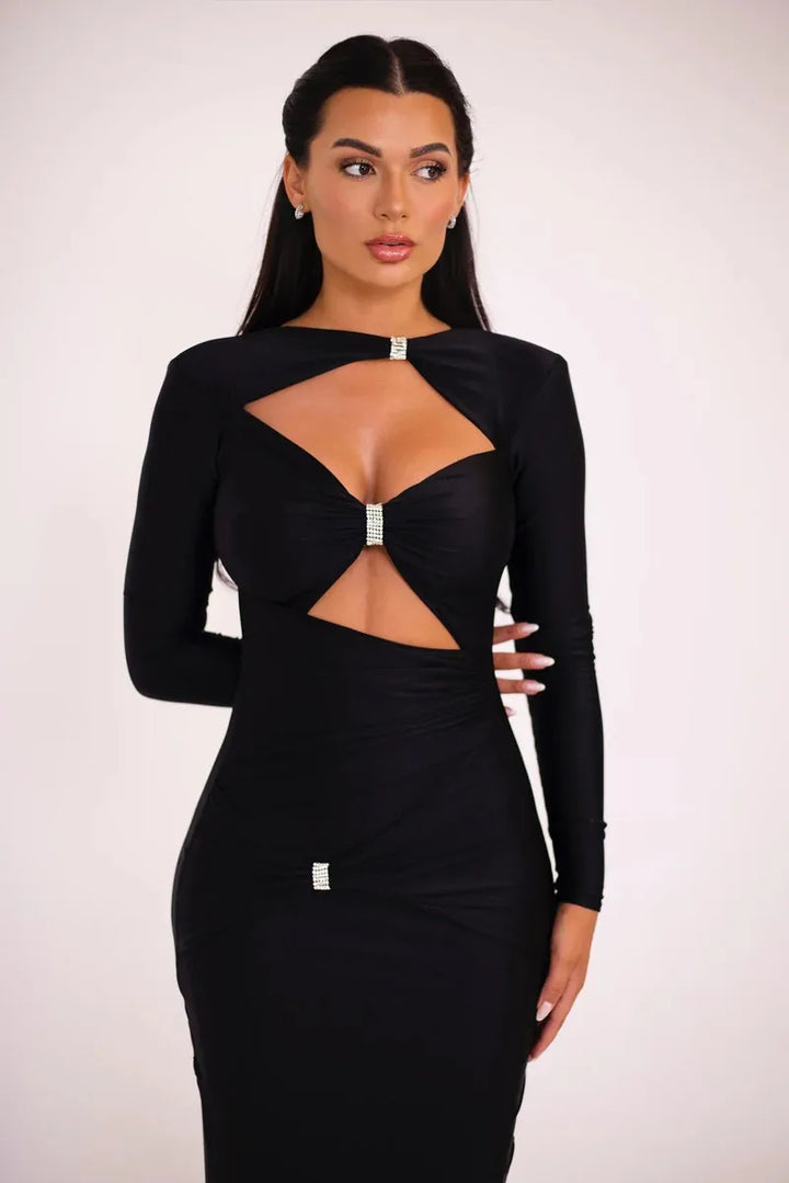 Elegant maxi shaping fabric dress with cutouts and sequins - Kesem