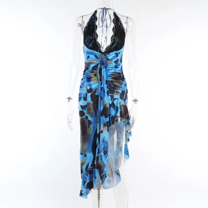 Midi ruffle dress with deep slit and lace - SKY
