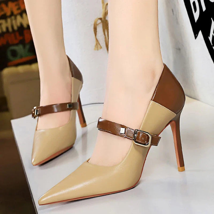 Faux Leather Pointed Heel Shoes with Buckle Decoration - Margaret
