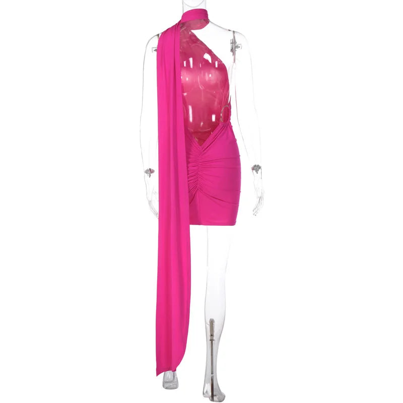 Mini dress with ruching, open back, and hoop decoration - CAROLINA