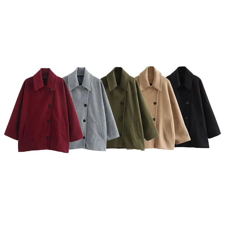 Oversized Wool Coat with Asymmetric Button Closure and Polo Collar - Hollandia