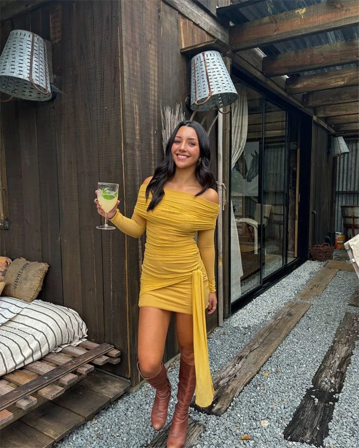 Chiffon mini dress with off-shoulder tie design - CAMI