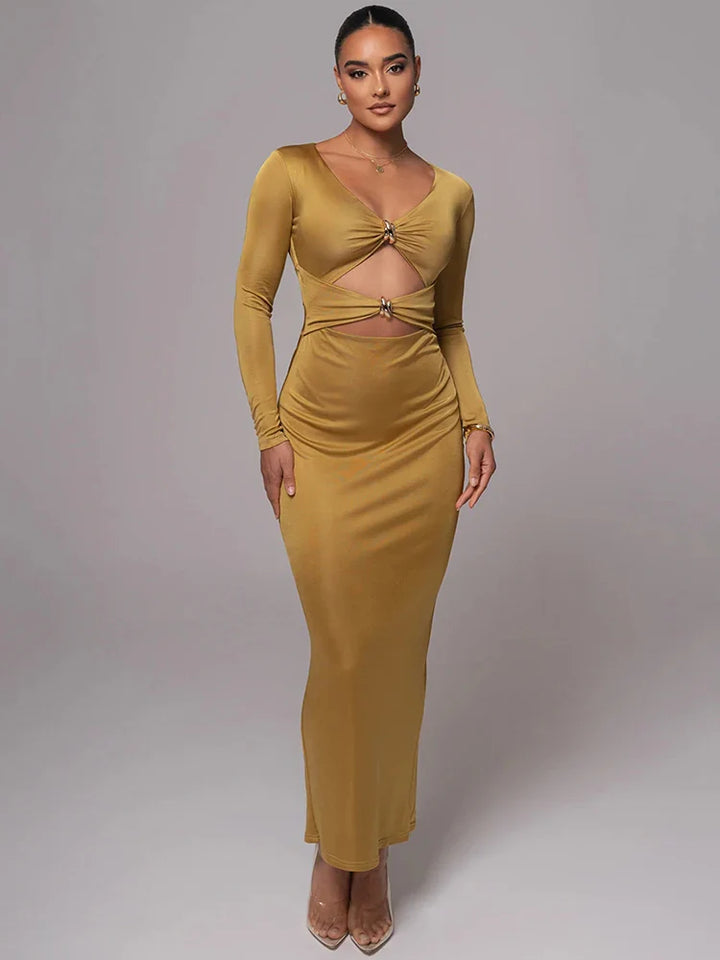 Fitted Shaping Fabric Maxi Dress with Cutouts and Buckles - Lauren