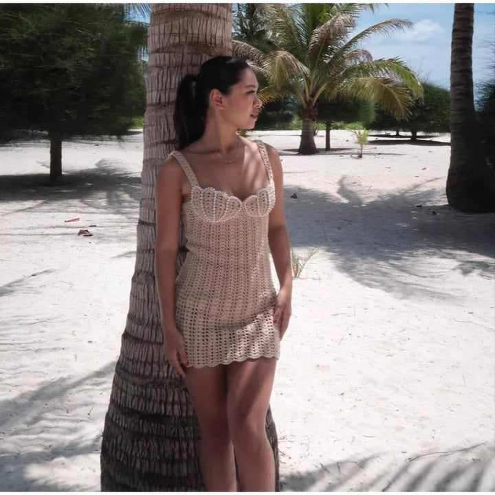 Knitted Mesh Mini Dress with Pearl Decoration - Aliana