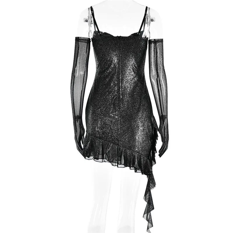 Sequin mini dress with ruffle design and matching gloves - Brooke
