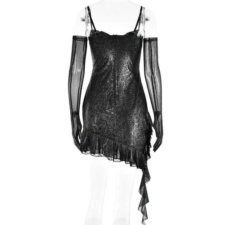 Sequin mini dress with ruffle design and matching gloves - Brooke