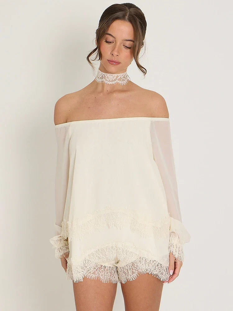 Off-the-shoulder mini dress with lace trim and matching shorts - Mali