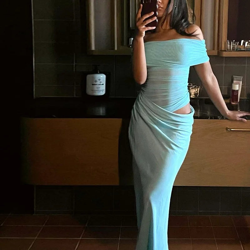 Maxi dress with ruching, mesh design and off-shoulder - Keshet